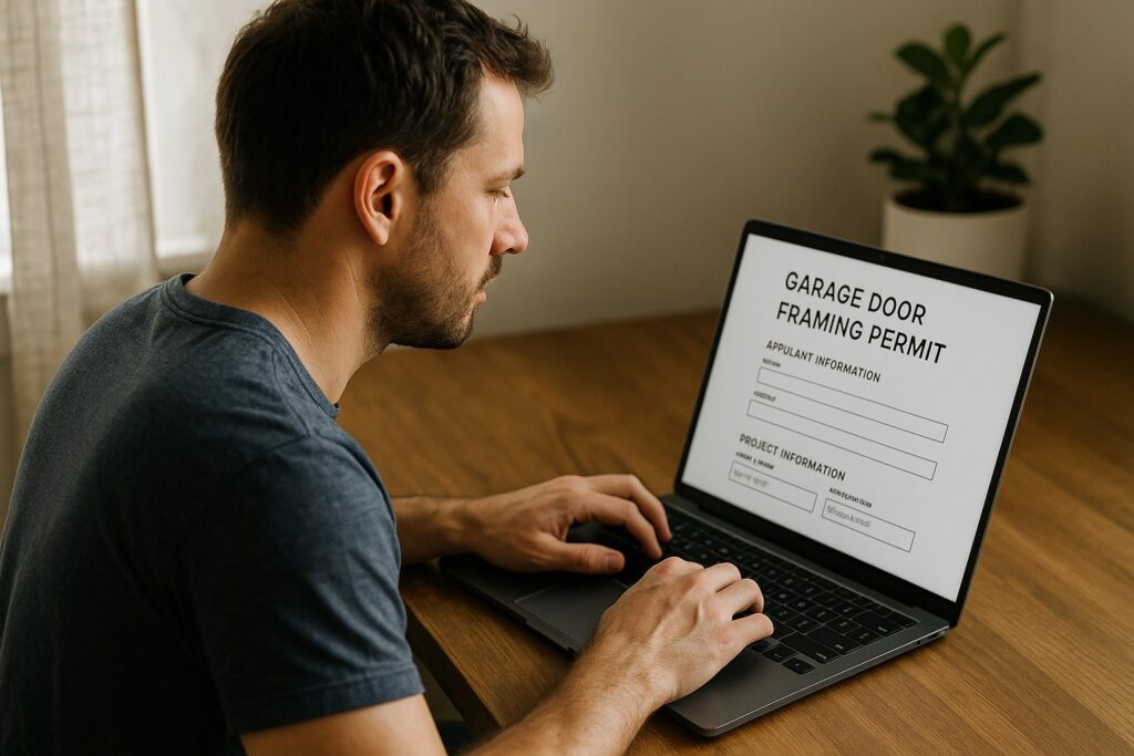 Do You Need a Permit for Garage Door Framing in Austin, TX? What to Know 4 Man applying online for garage door framing permit on laptop.