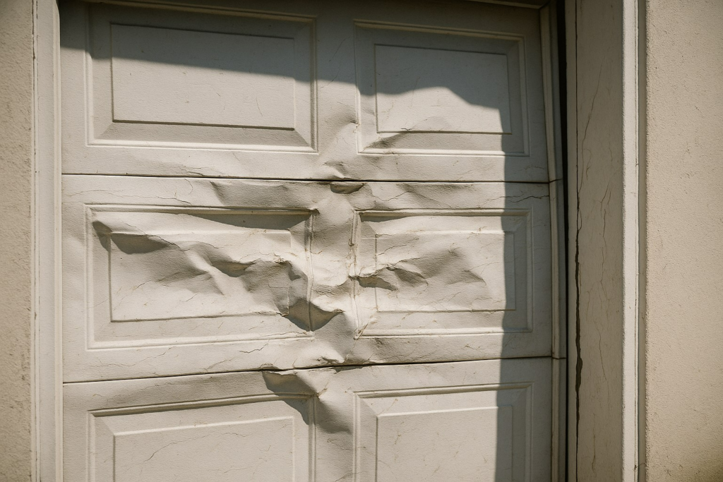Top Signs You Need Garage Door Repairs in Austin, TX 4 Damaged white garage door with severe dents and cracks, in need of garage door repair.