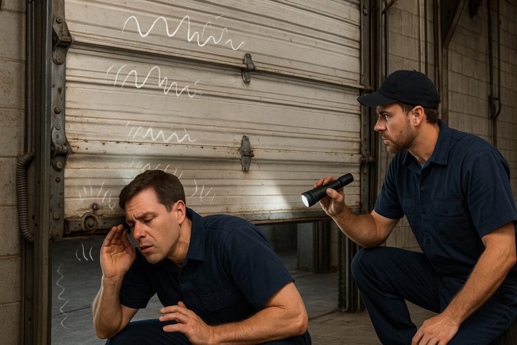 Technicians inspect a noisy door during a commercial garage door repair service.