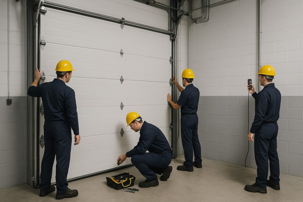 Technicians performing commercial garage door repair and maintenance with tools and safety equipment.