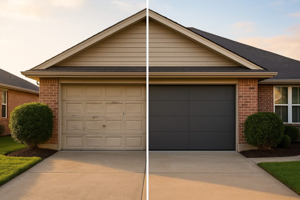 Why Homeowners in Austin Shouldn’t Delay When They Need to Repair Garage Door Issues 3 Before and after comparison showing repair garage door transformation from old and damaged to modern and new.