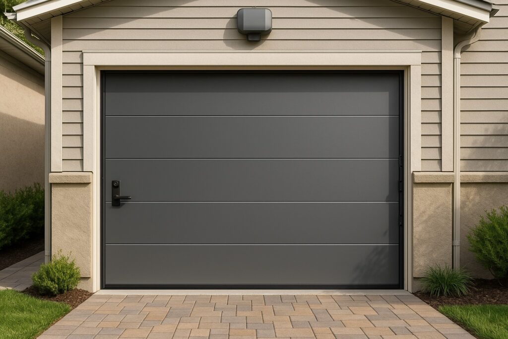 Stylish gray modern garage doors on residential home exterior.