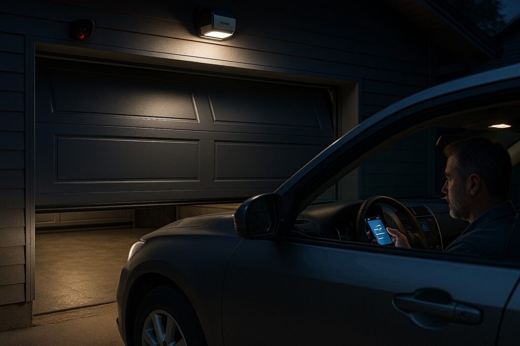 Man using smartphone to open modern garage doors at night.
