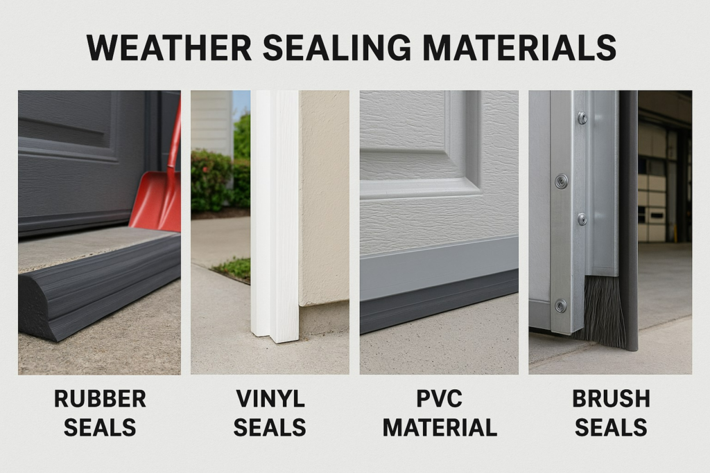 Why Garage Door Weather Stripping Matters for Austin Homeowners 4 Garage door weather stripping materials including rubber seals, vinyl seals, PVC material, and brush seals for effective weather protection.