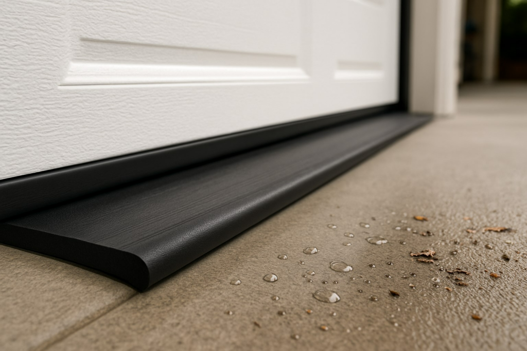 Why Garage Door Weather Stripping Matters for Austin Homeowners 3 Garage door weather stripping with a threshold seal blocking water and debris.
