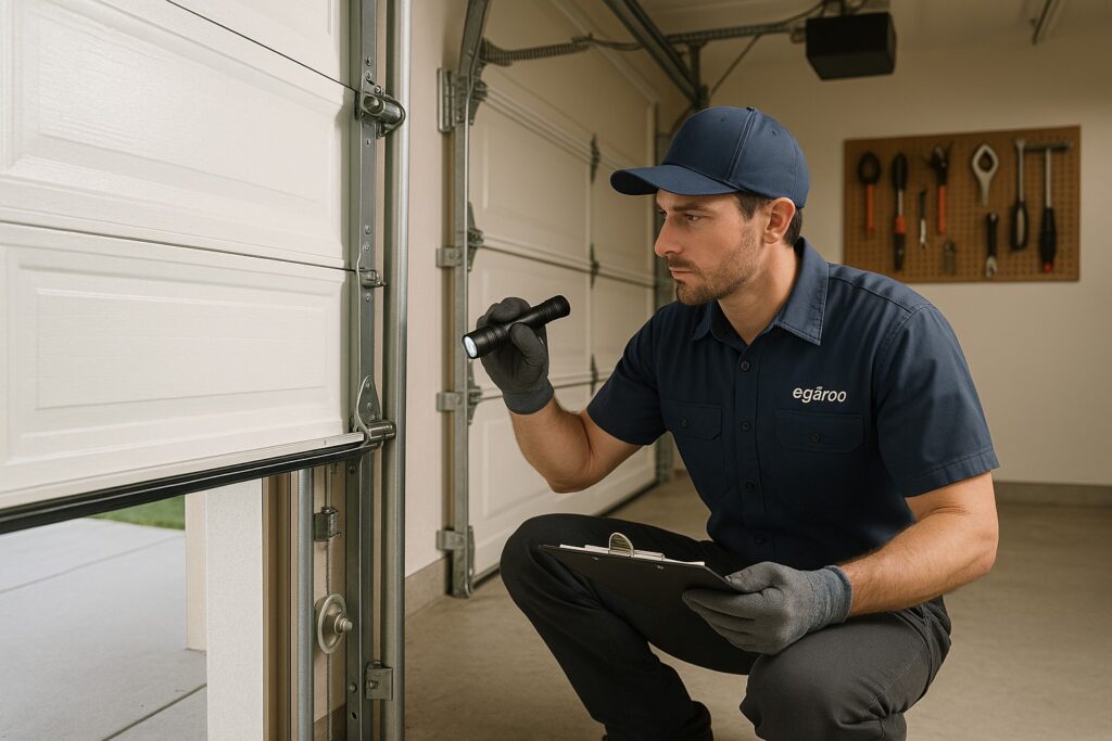 Garage Door Maintenance in Austin, TX: Keep Your System Running Smoothly 3 Technician performing garage door maintenance inspection with flashlight and clipboard to ensure proper alignment and operation.