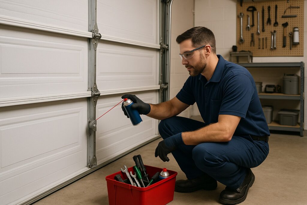 Garage Door Maintenance in Austin, TX: Keep Your System Running Smoothly 4 Technician performing garage door maintenance by lubricating hinges with spray lubricant for smooth operation.