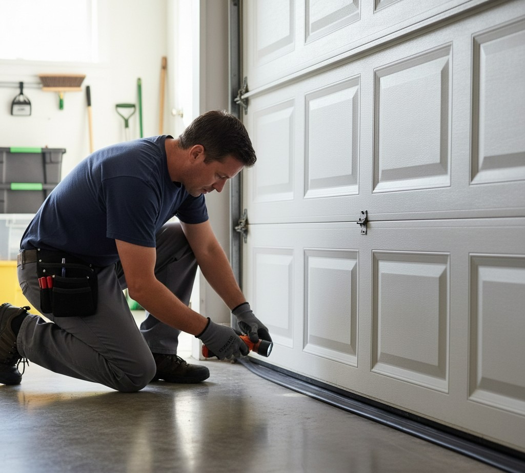 How to Schedule a Professional Garage Door Tune-Up in Austin, TX 2 Technician performing a Garage door tune-up, inspecting and replacing the bottom weather seal for a tight, energy-efficient fit.